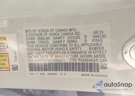 2026 Honda Civic Sport from USA, damaged, VIN 2HGFE2F54TH500271